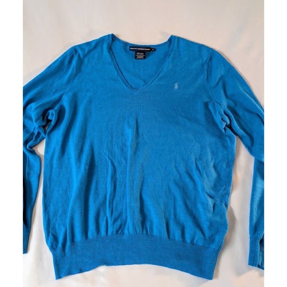 Polo Ralph Lauren Blue V Neck Sweater XL Mens Knit Pullover Pony Logo Minor Flaw